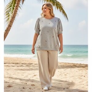 Chelsea Theodore Woman Grey Embroidered Rose Puff Sleeve Sweatshirt Top 3X